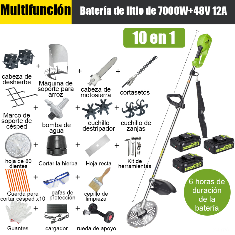 [10 en 1] Batería de litio de 7000 W, 48 V 12 A*3, 6 horas de duración de la batería, cabezal de motosierra, cuchillo escarificador, cuchillo para zanjas, bomba de agua, cuchilla de 80 dientes, cabezal de corte, cuerda de corte*10, cuchilla recta , Ruedas de soporte, marco de soporte de césped, soporte de arroz, cortasetos, cabezal de deshierbe, juego completo de accesorios