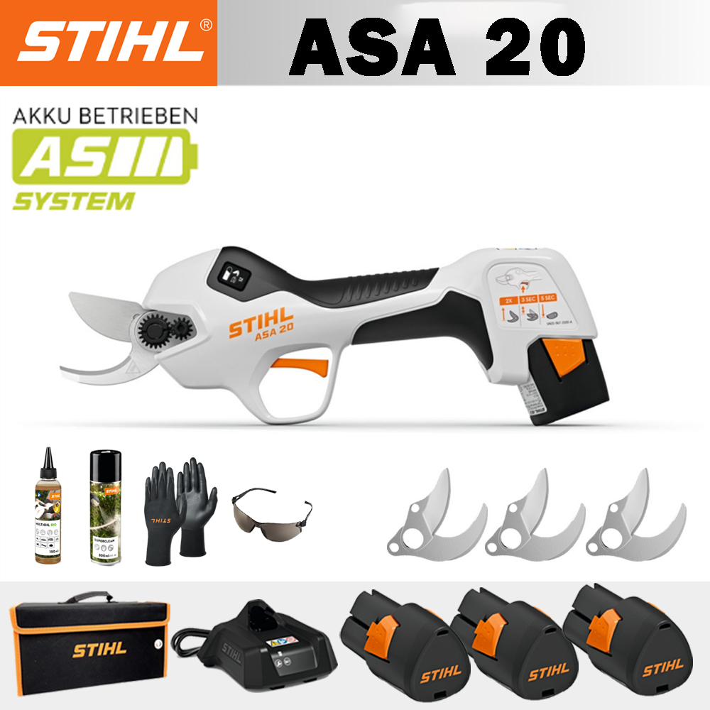 【STIHL】 ASA20*1, batería de litio*3, caja de almacenamiento*1, cabezal de corte*1, cargador*1